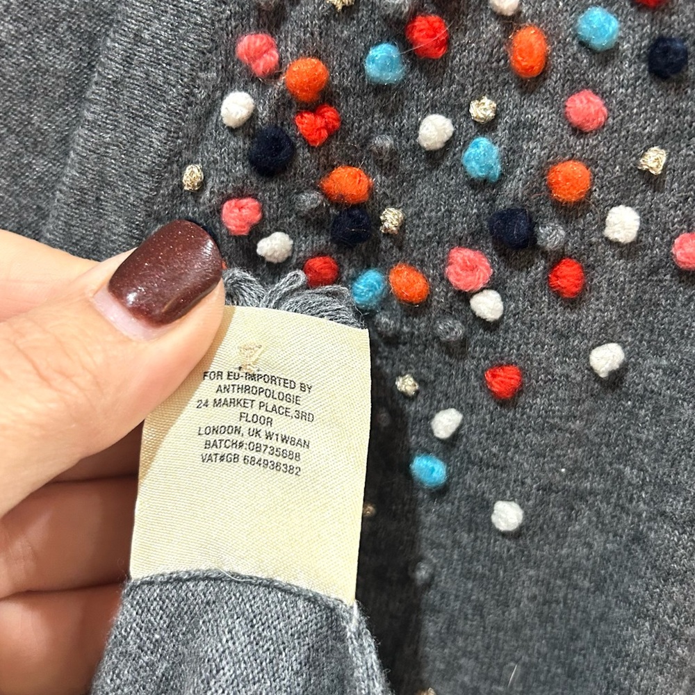 Anthropologie MOTH Gray Pom-Pom Cardigan Sweater Cotton Cashmere Blend Size M - Picture 11 of 11
